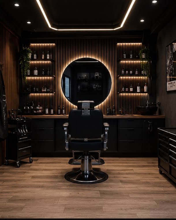 The Private Chair studio — a single barber chair before a backlit round mirror, matte black units and warm wood shelving
